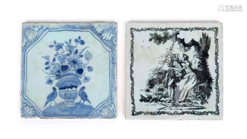A signed Liverpool delftware tile c.1757-61, printed in black by John Sadler with lovers seated