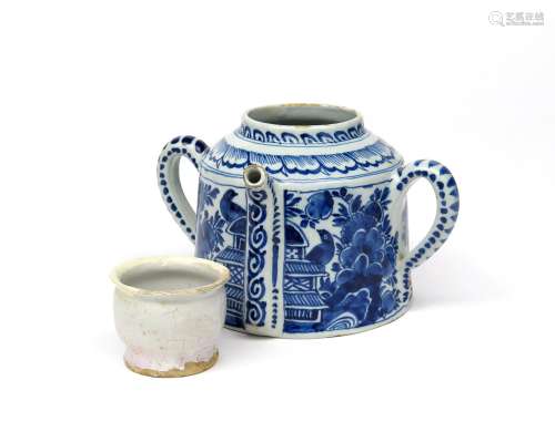 A Lambeth delftware posset pot c.1720, the cylindrical form painted in blue with birds perched on