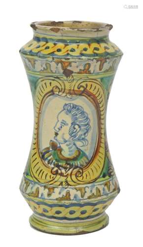 A Sicilian maiolica albarello 17th century, Palermo, the waisted form painted with a profile