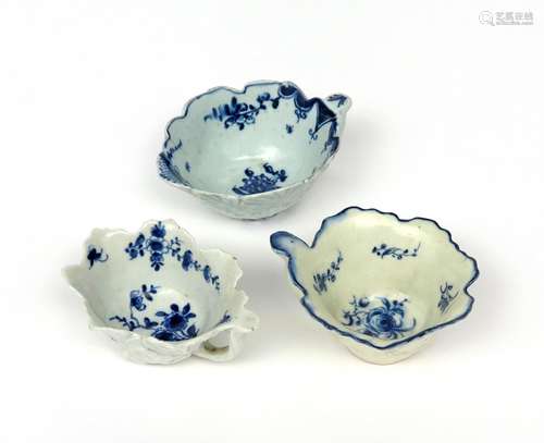 Three English porcelain blue and white butterboats c.1760-70, one Lowestoft, of rare form with