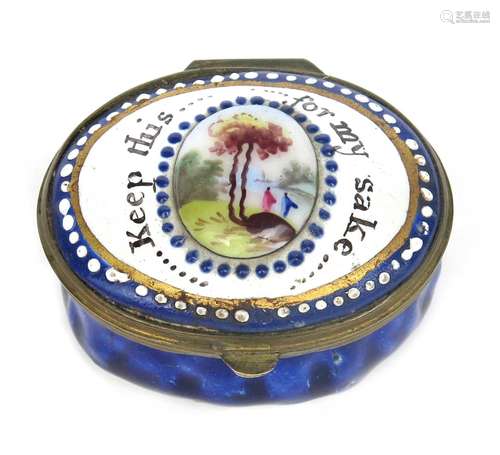 An English enamel patch box c.1770, the oval form with a raised panel painted with figures beneath a