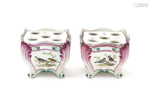 A pair of French faïence bough pots and covers 19th century, the square forms painted in the