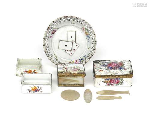 A small group of English enamels late 18th century, including a rectangular snuff box finely painted