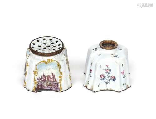 Two South Staffordshire enamel pounce pots c.1770, of cruciform shape, one painted with flower