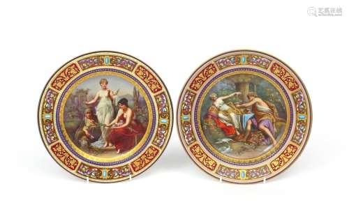 A pair of Vienna-style cabinet plates late 19th century, one painted with The Three Fates after Paul