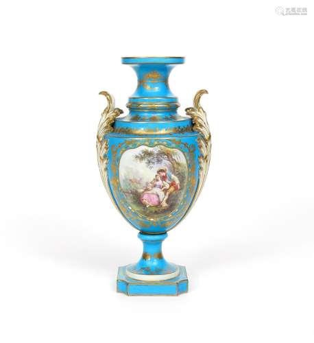 A Sèvres-style vase 19th century, one side painted with a panel of rural lovers reclining beneath