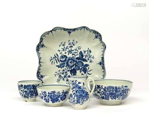 A group of blue and white Worcester porcelains c.1770-80, including a square shaped dish printed