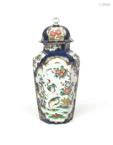 A rare and large Worcester hexagonal vase and associated cover c.1770, boldly decorated in the