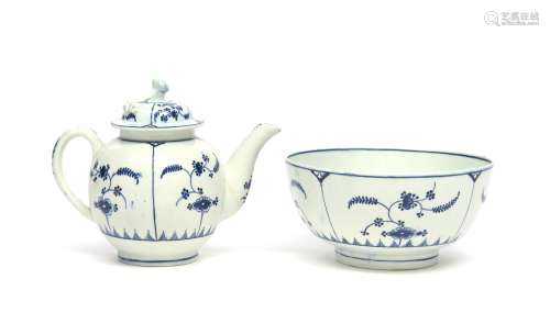 A Lowestoft blue and white teapot and cover with slop bowl c.1775, painted in the Immortelle pattern
