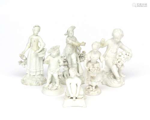 Six small Derby biscuit porcelain figures c.1780-90, including a pair of figures of a boy with a gun