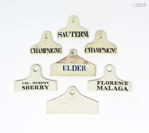 Seven creamware bin labels 19th century, of coathanger form, three small and labelled '