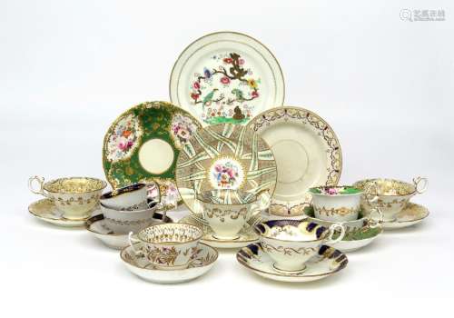 A group of English porcelain teawares 19th century, including a Samuel Alcock teacup and saucer with