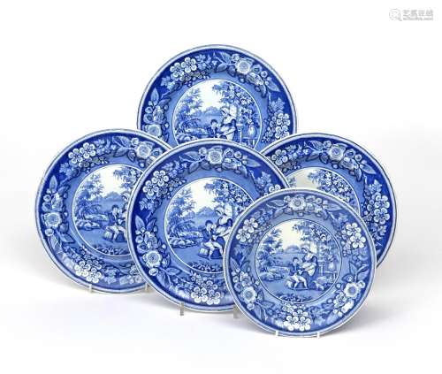 Five Ridgway blue and white transferware plates c.1820, printed in the Blind Boy pattern, the