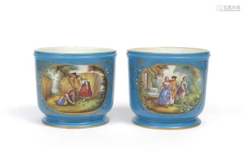 A large pair of Sèvres-style jardinières 19th century, one painted with a panel of haymakers, the