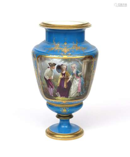 A large Sèvres-style vase 19th century, painted with a scene of ladies feeding birds in a garden and