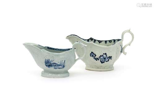 Two James Pennington (Liverpool) blue and white sauceboats c.1770, the smaller strap-moulded and
