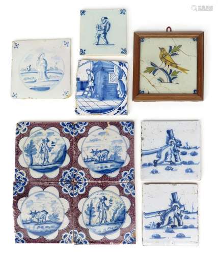 Nine delftware tiles mid 18th century, three Biblical and painted in blue with Christ carrying the