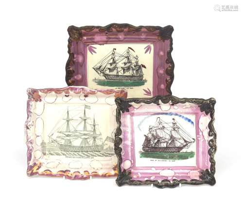 Three Sunderland lustre rectangular plaques 19th century, printed and coloured with ships, one