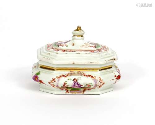 An early Meissen sugar box and cover c.1723-25, of flattened octagonal form, one side of the box