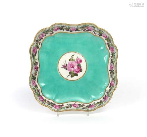 A Derby square dessert dish from the Camden service c.1795, painted by William Billingsley with a