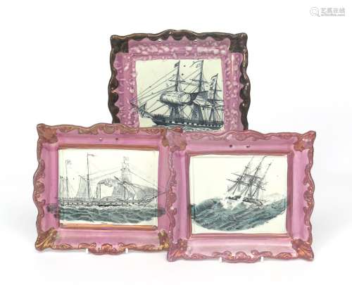 Three Sunderland lustre rectangular plaques 19th century, printed in black, one with a steamship