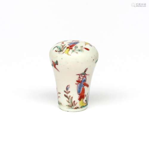 A St Cloud cane handle c.1730-40, the flared form painted in Kakiemon enamels with a Chinese
