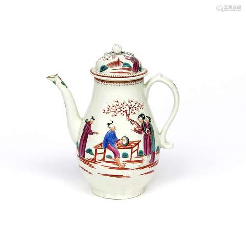 A Worcester coffee pot and cover c.1765, painted in polychrome enamels with two Chinese ladies