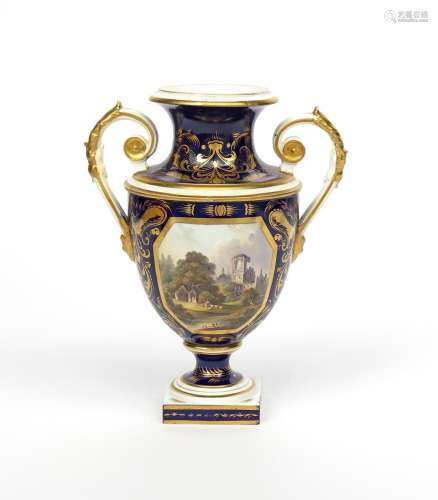 A Derby topographical two-handled vase c.1820, painted with a view of sheep before the ruins of