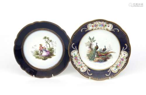 Two Continental porcelain cabinet plates 19th century, both painted in the Meissen style, one with
