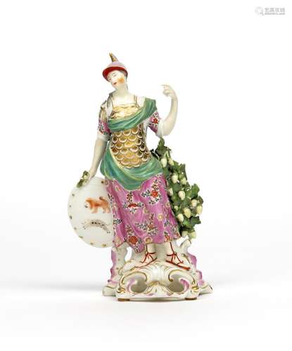 A rare Derby figure of Britannia c.1760, standing beside an oak leaf and acorn bocage, her right
