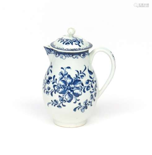 A Lowestoft blue and white hot water jug and cover c.1770, painted with the Mansfield pattern
