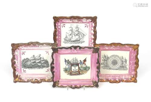 Four Sunderland lustre plaques 19th century, of rectangular form, one printed with a scene of 'The
