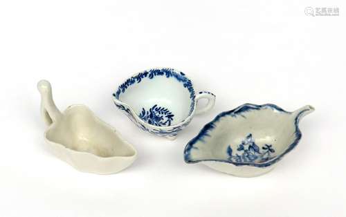 Three English porcelain butterboats c.1755-70, one Bow and painted in underglaze blue with a