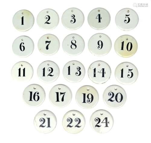 Twenty two pearlware bin labels 19th/early 20th century, of circular form, numbered in black