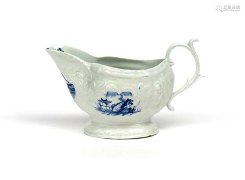 A large Philip Christian (Liverpool) blue and white sauceboat c.1765-72, elaborately moulded with