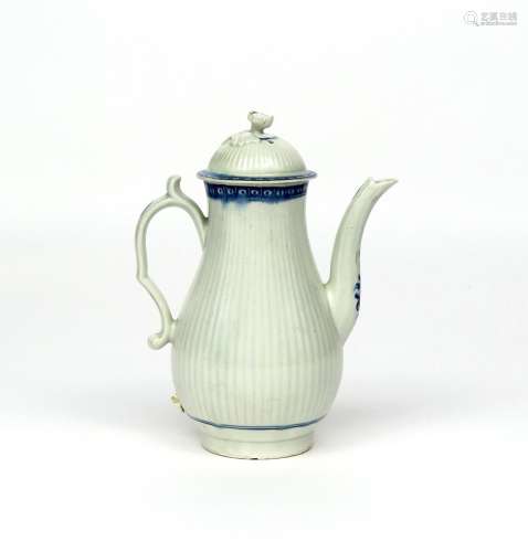A Worcester blue and white coffee pot c.1760-65, of finely reeded form, painted with a cell diaper