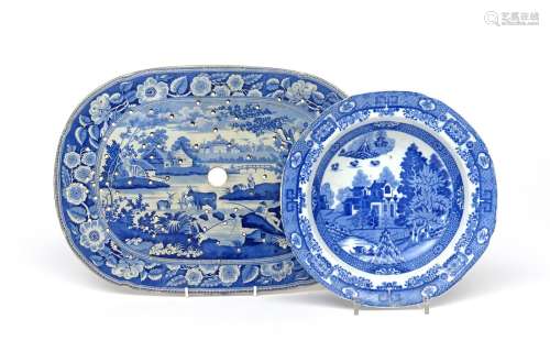 A John Meir pearlware blue and white transferware strainer 19th century, printed with figures