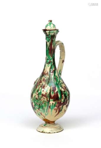A large Canakkale (Turkey) ewer and cover 19th century, the tall bottle form applied with an oval
