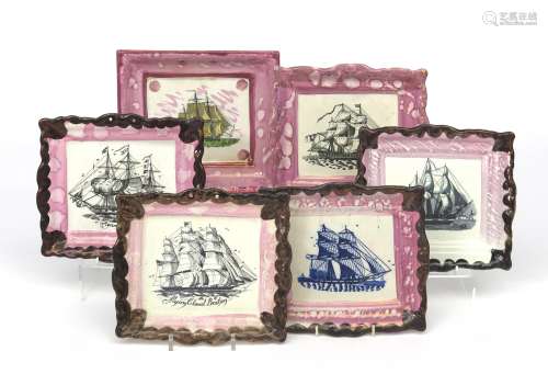 Six Sunderland lustre plaques 19th century, variously printed in blue, black and brown with ships at