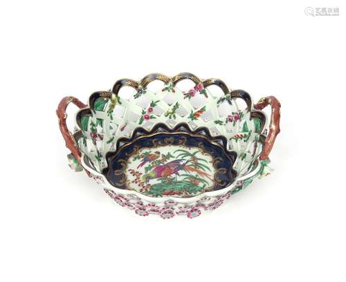 A Worcester two-handled basket c.1770, the oval form painted to the interior with colourful long-