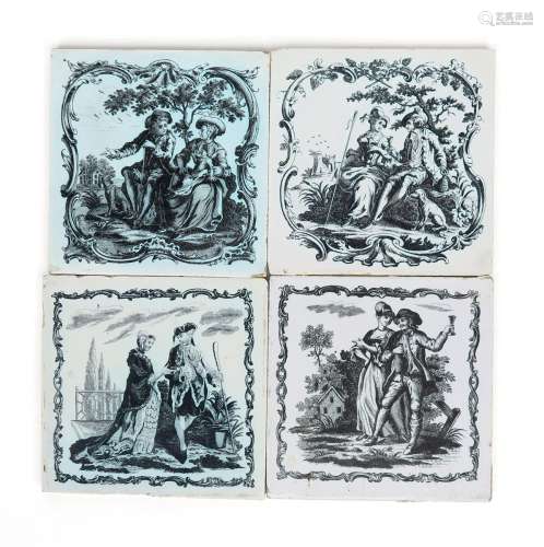 Four Liverpool delftware tiles c.1757-61, printed in black by John Sadler, one with a lady