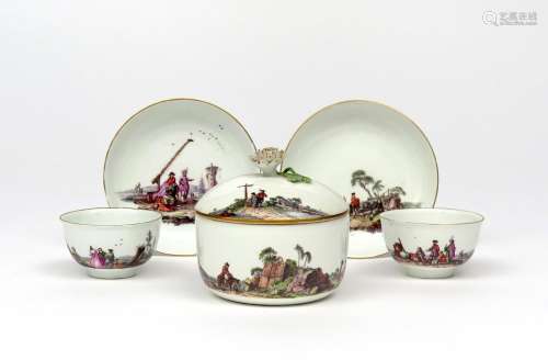 A Meissen part tea service c.1740, finely painted with scenes of traders and merchants in harbours