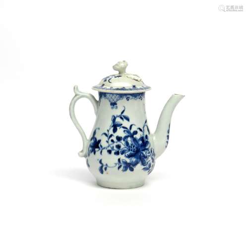 An unusually small Worcester blue and white coffee pot and cover c.1760-70, painted in the Mansfield