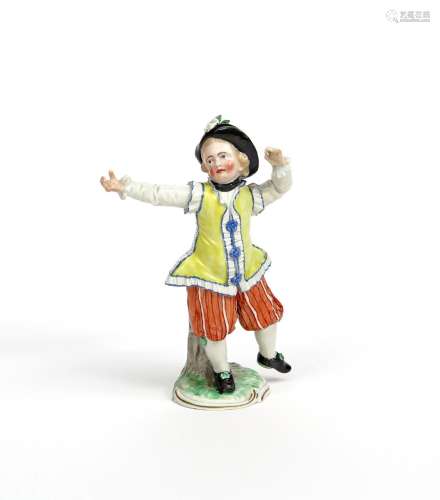 A Frankenthal figure of a dancing boy dated 1775, with arms raised and his left leg outstretched,