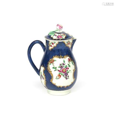 A good Worcester sparrow beak jug and cover c.1765, painted with panels of flower garlands and