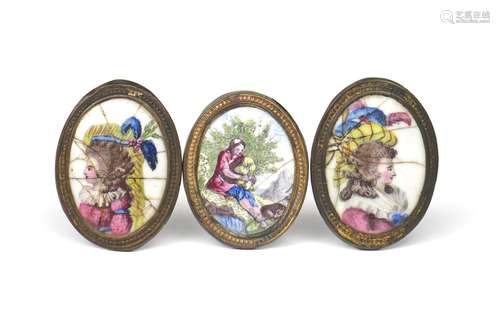 Three English enamel oval plaques c.1760-80, two decorated with the portraits of young society