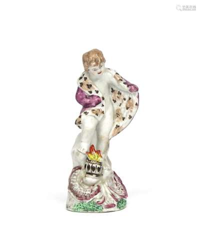 A Plymouth figure of Winter c.1770, modelled as a putto wearing a fur-lined cloak and standing