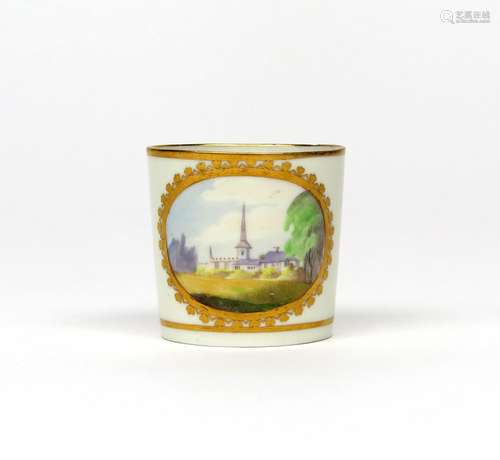 A Pinxton coffee can c.1800, painted with a landscape panel of St Mary's Church in Edwinstowe,