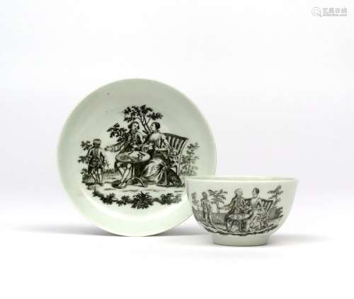A Richard Chaffers (Liverpool) teabowl and saucer c.1760-62, printed in black with the Tea Drinkers,