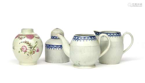 A pearlware part tea service c.1800, comprising a teapot, a large jug and a tea canister and